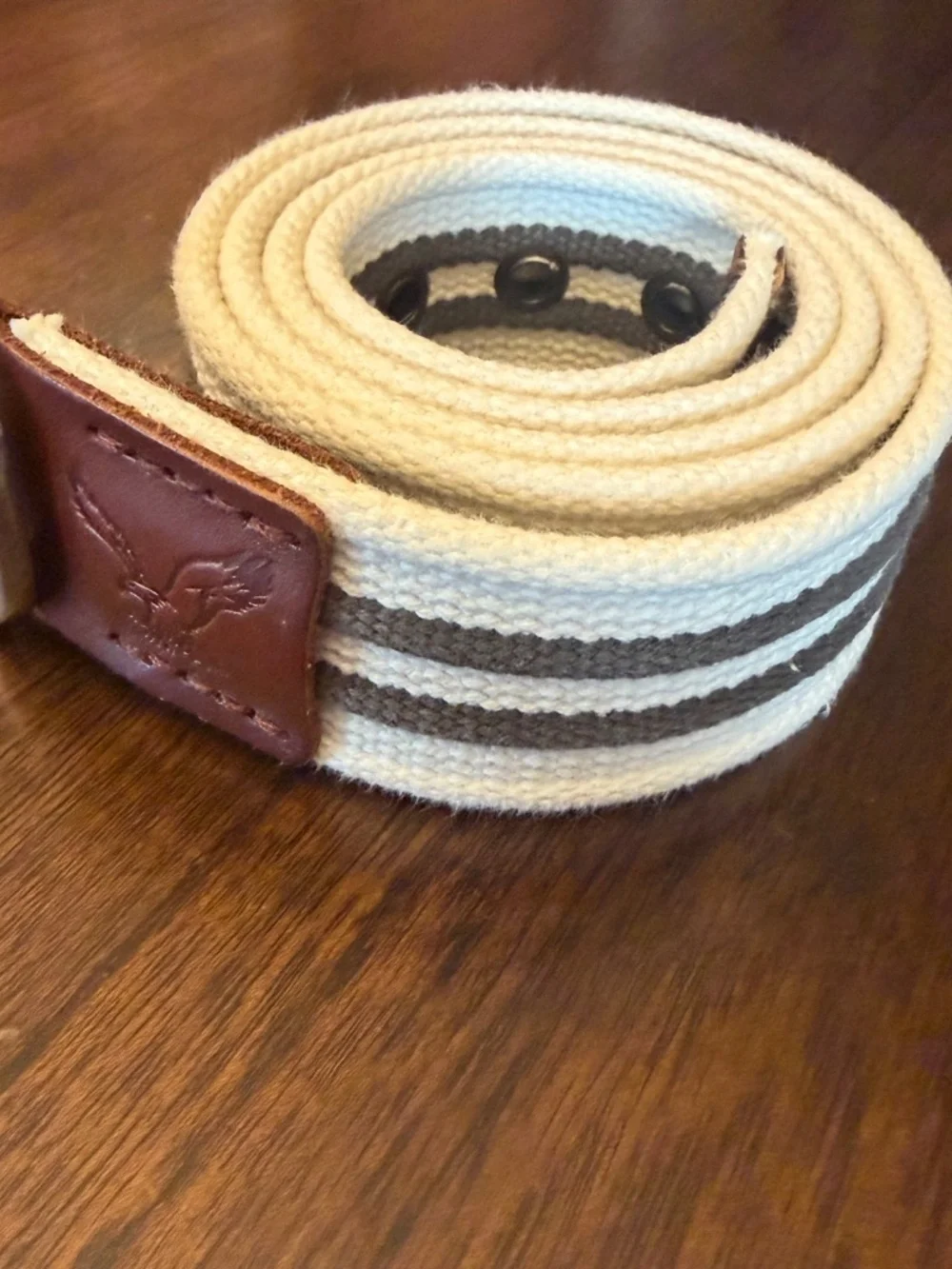 American Eagle Men's Belt Cream and Beige Canvas Webbing Leather Ends, Size 48